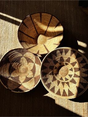 Set of 3 Large Vintage Baskets Large African Coil  Palm Fiber Boho Wall Baskets